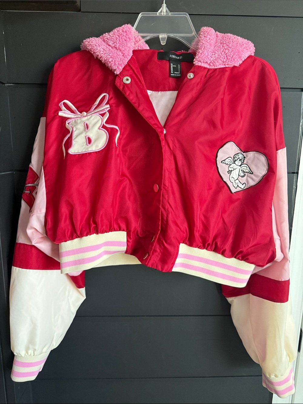 Y2K Unique Forever 21 Varsity Jacket Cupid and Dice   L Red/Pink
